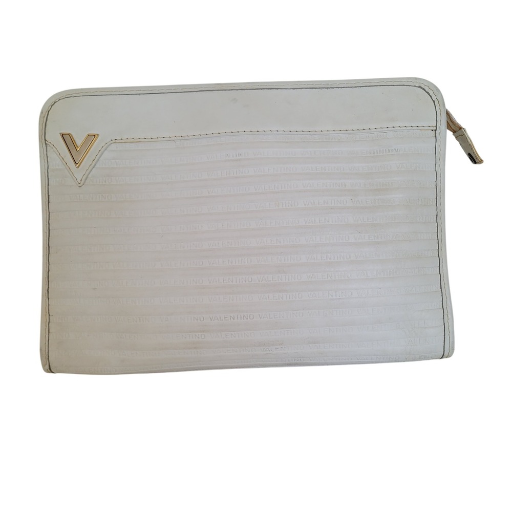 Mario Valentino White Leather Embossed Logo Clutch Bag Vintage Italy SSV80